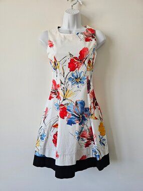 SANDRO FERRONE White Red Multi Cotton Stretch Boat Neck A-Line Dress 40/4, Italy